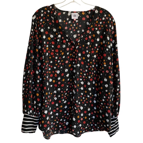 CAbi 3957 Cheerful Button Front Blouse Floral Mixed Stripe - Size L EUC - Picture 11 of 16